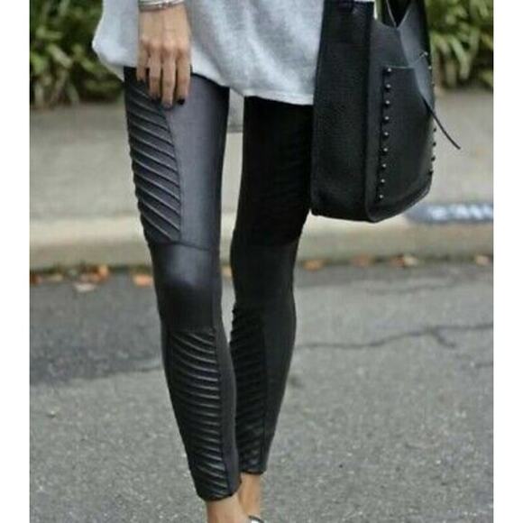 SPANX Shiny Faux Leather Slim Fit Pull On Mid Rise Moto Leggings Black Small - Picture 2 of 14